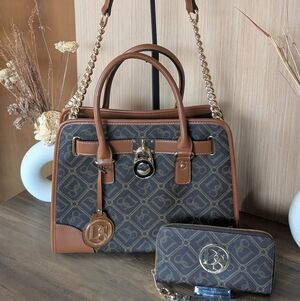 Brown and Black Designer Handbag and Wallet Set